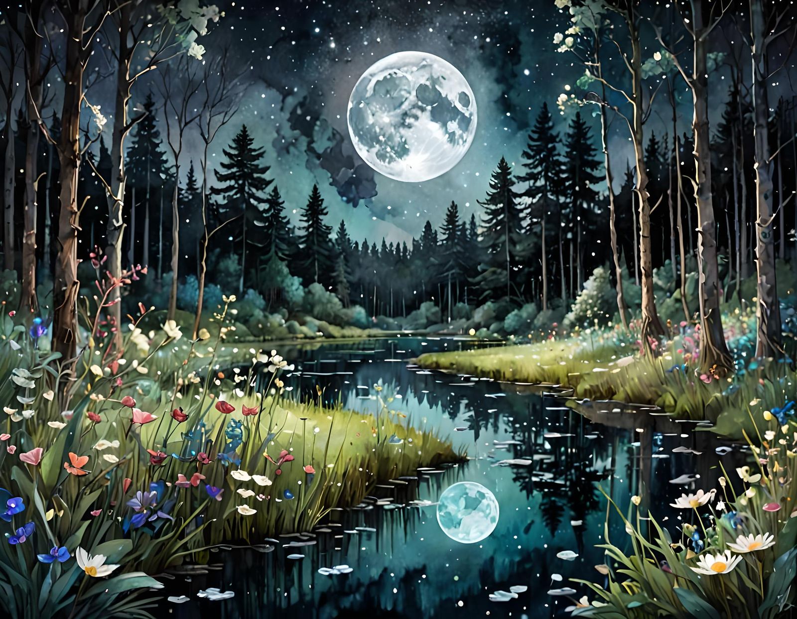 Moonlit Meadow Under Constellations: Watercolor Fantasy
