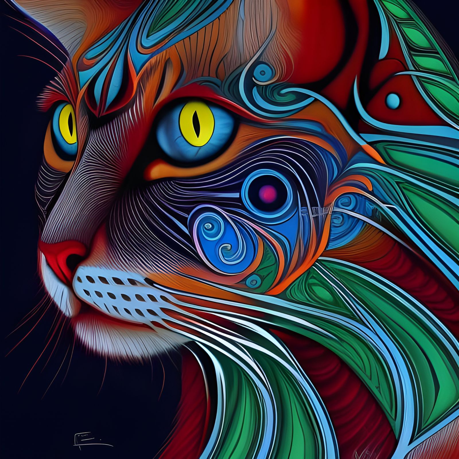 Art Nouveau Fractal Cat with Blue Eyes