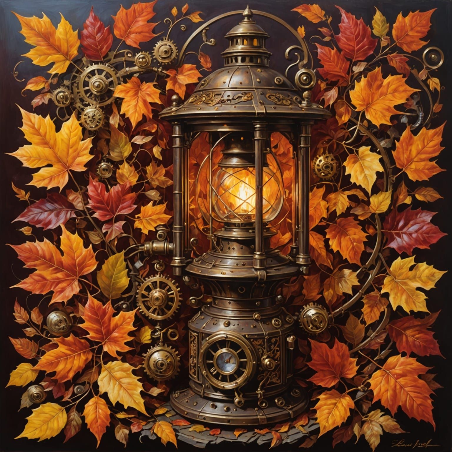 Steampunk Lantern Amidst Autumn Foliage: Oil Painting