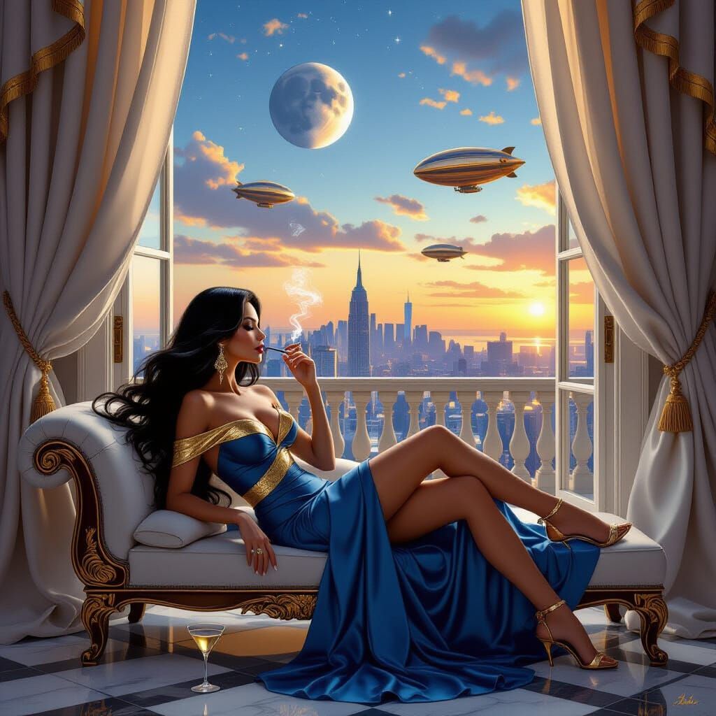 Woman in Blue Gold Dress Smoking on Roman Couch