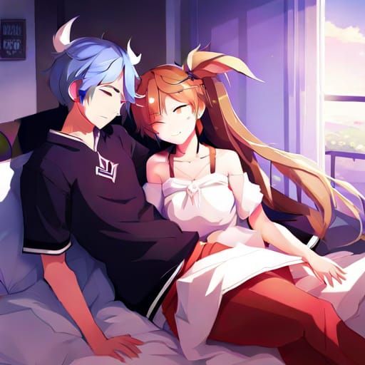 Anime Couple Sleeping in Genshin Impact Style