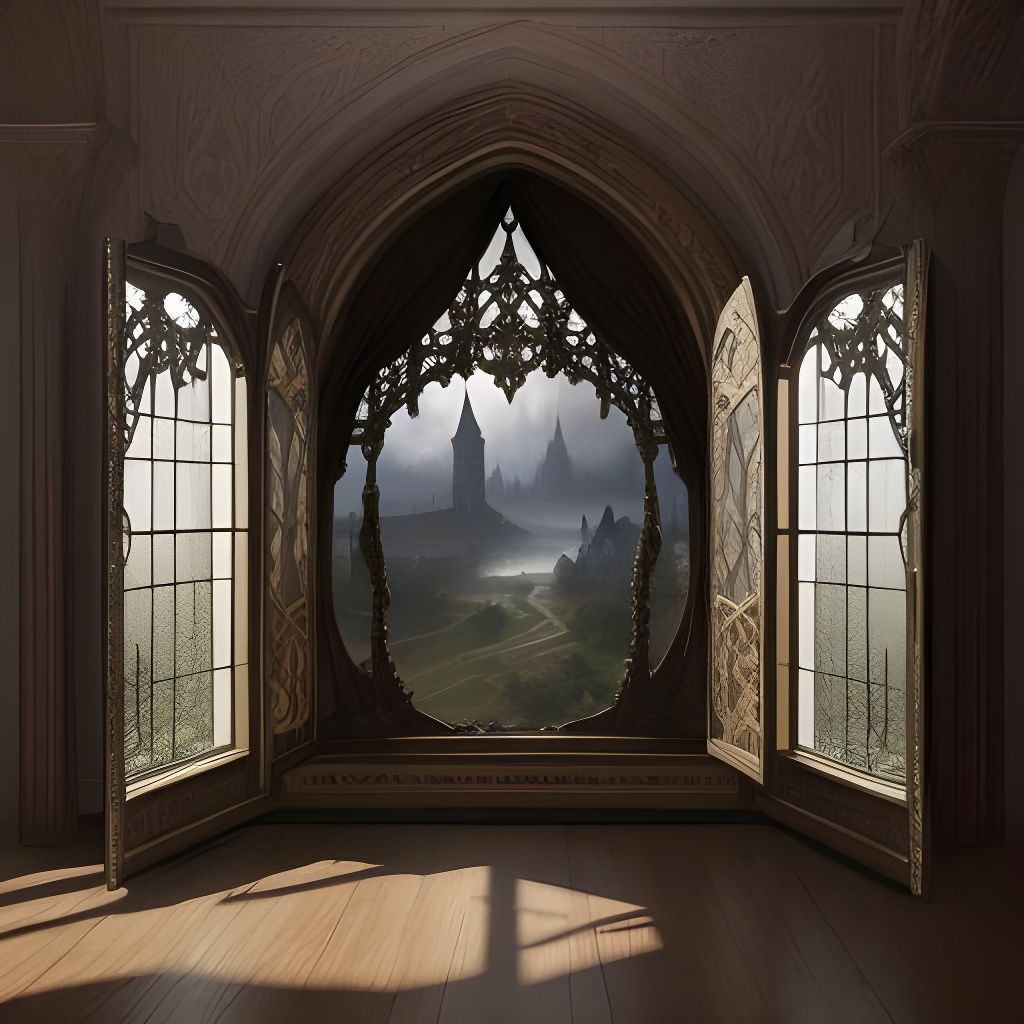 Baroque Castle Landscape Through Ornate Window