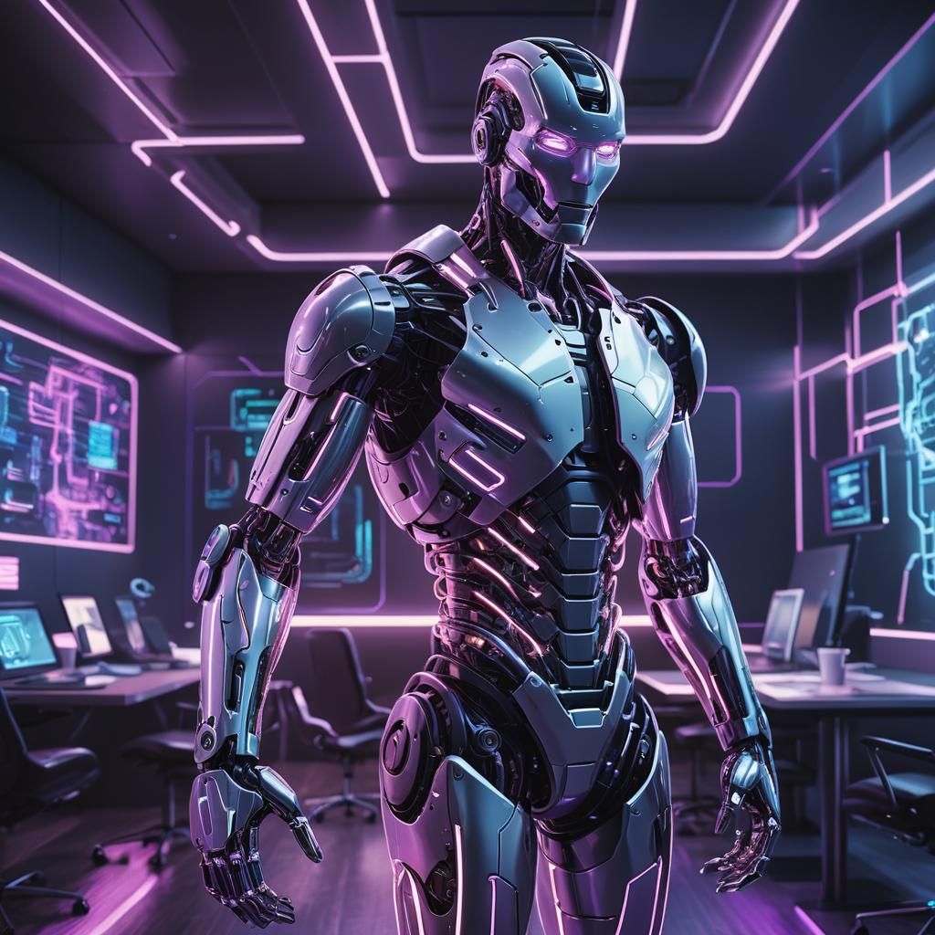 Cyborg Businessman in Neon Conference Room