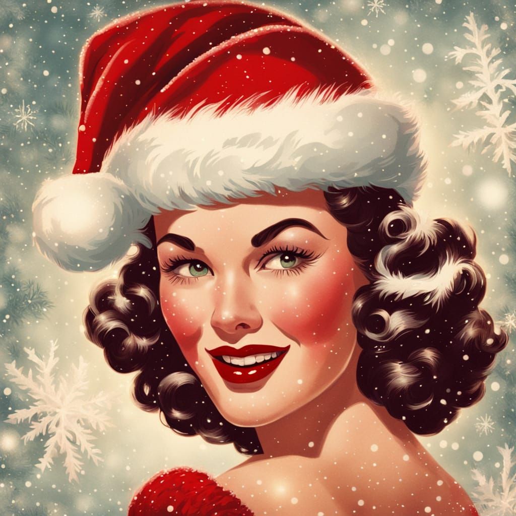 Festive Pin-Up Art of a Woman in Santa Hat