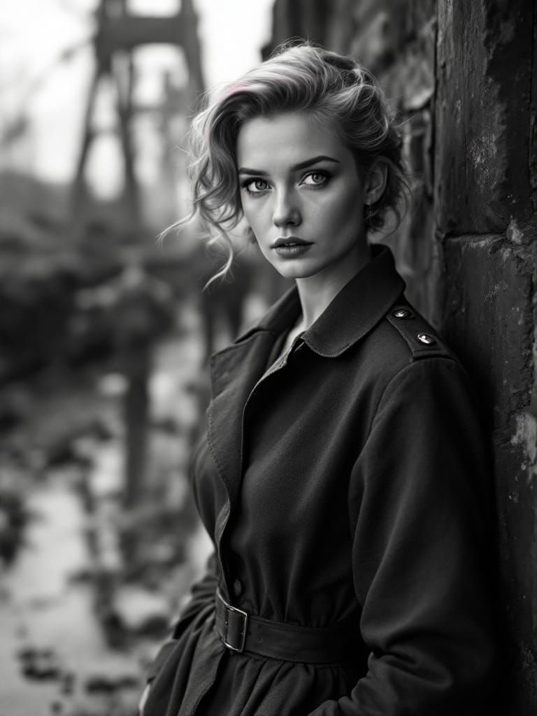 Pin-Up Woman in Gritty Monochrome Wartime Style