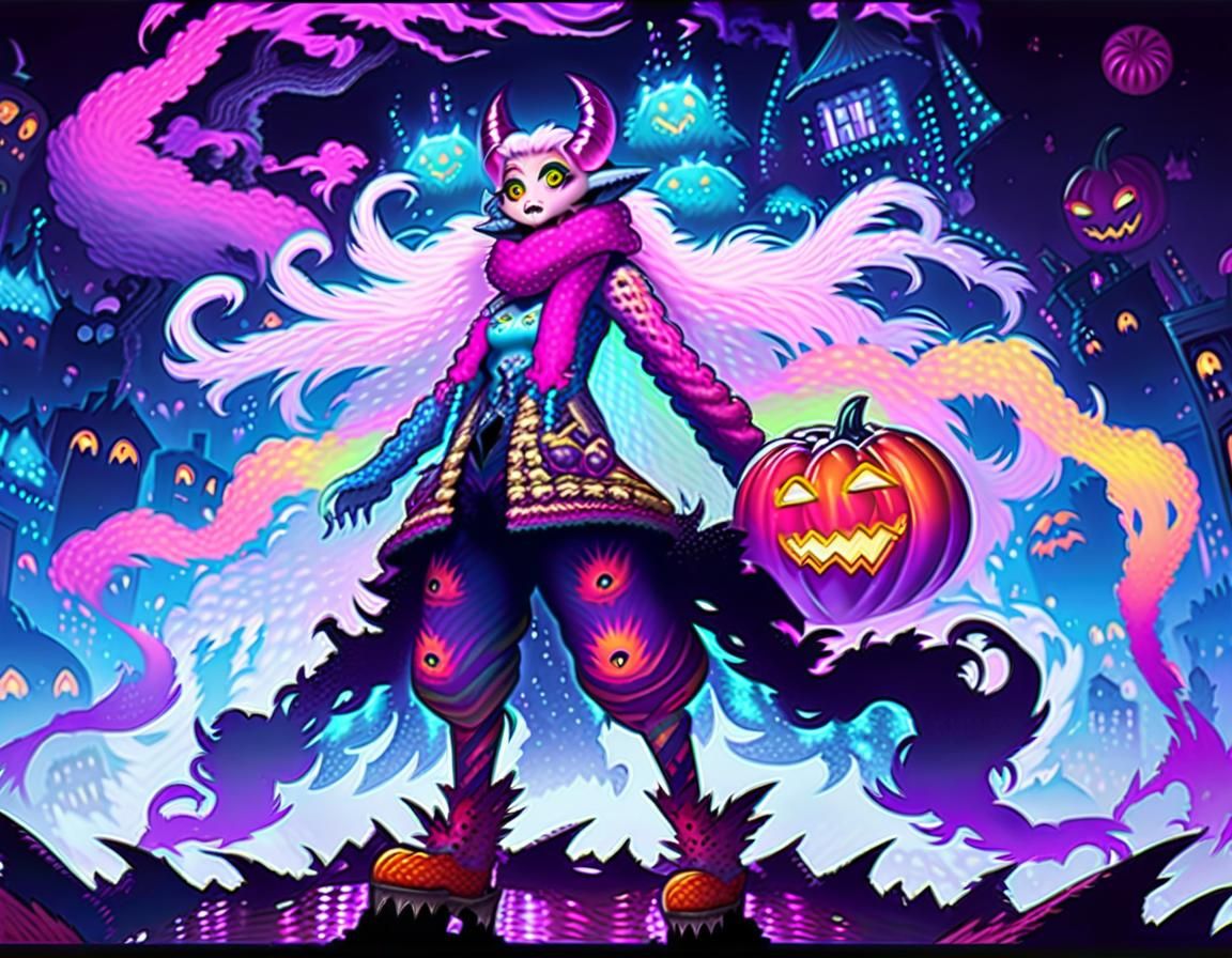 Neon Monster Woman in Dark Fantasy Anime Style