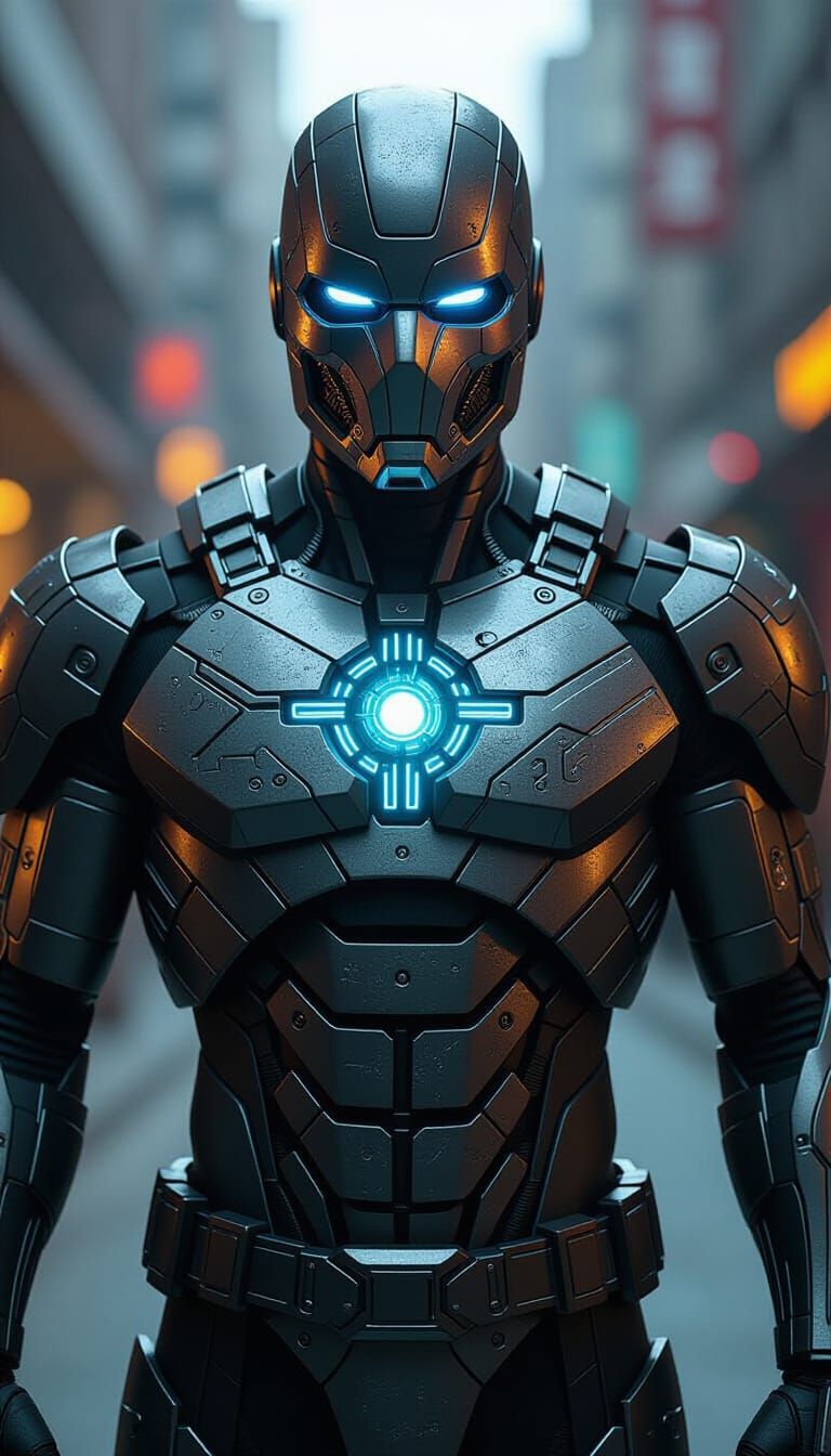 Cybernetic Superhero with Alien Symbol in Dystopian Sci-Fi