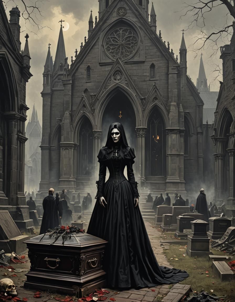 Victorian Vampire Widow Mourning at Gothic Funeral
