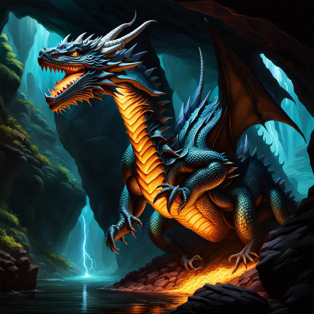 A dragons nest deep in a cave bioluminescent ligts Hyperreal...