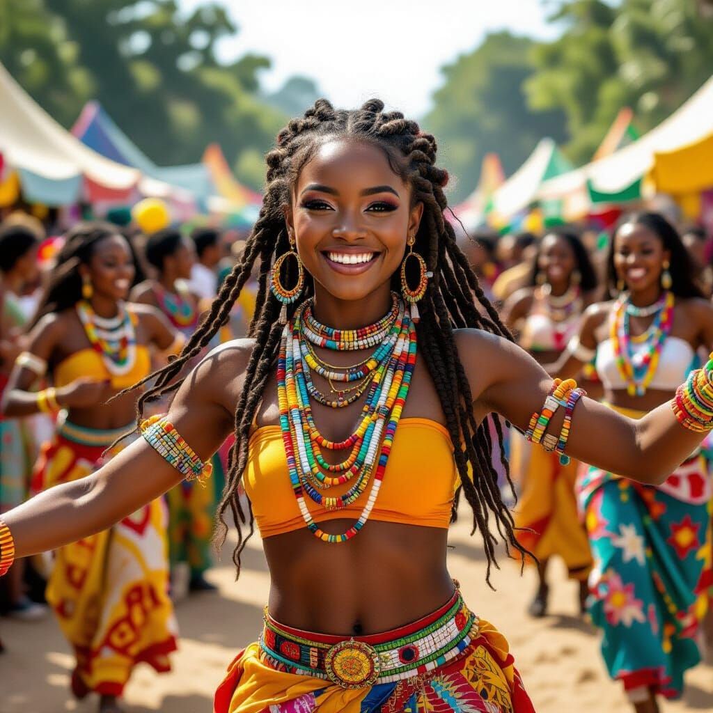 Girl Dancing with Braids and Beads in Hyperrealism