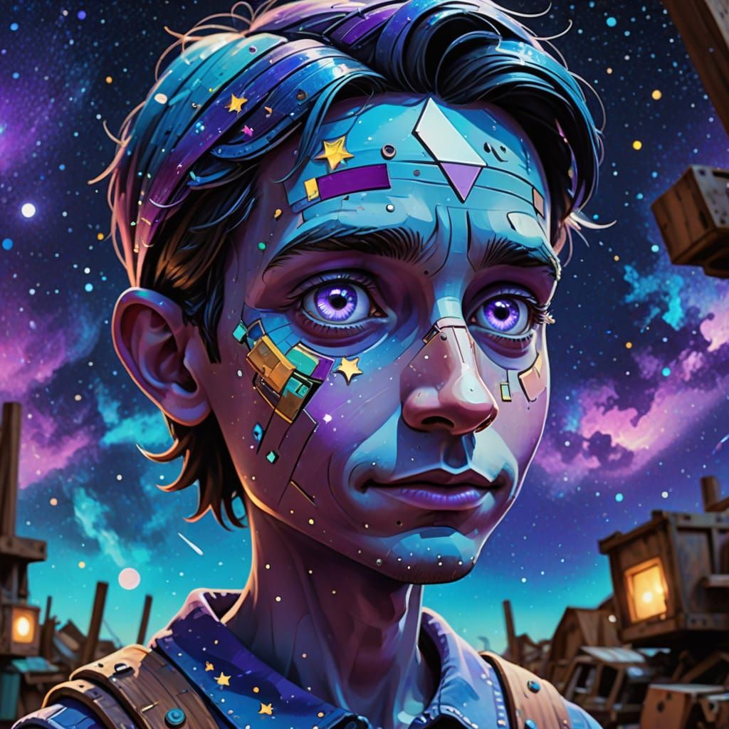 Cosmic Pinocchio Android in Scrapyard with Astral Memories