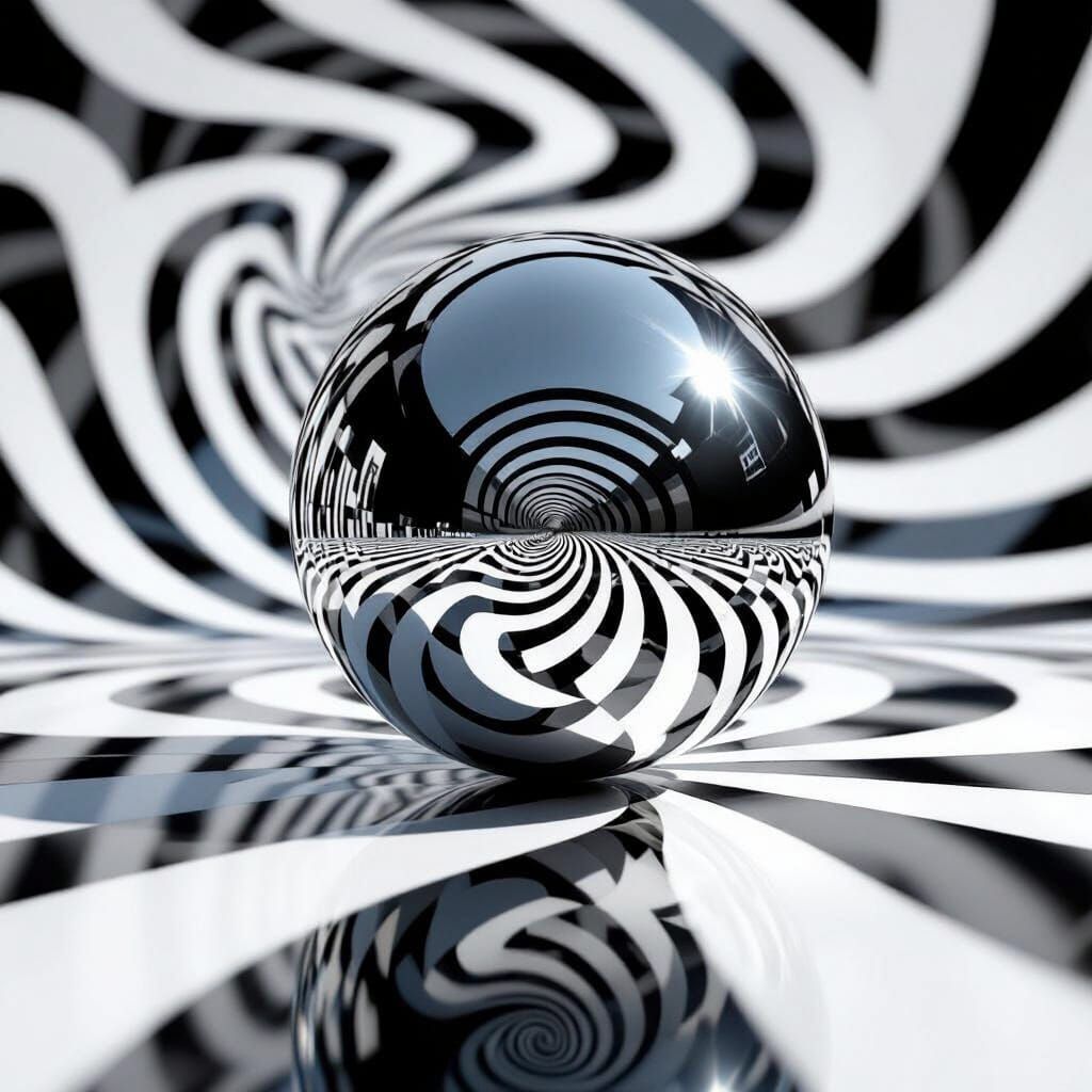Chrome Sphere Optical Illusion on Mirrored Surface