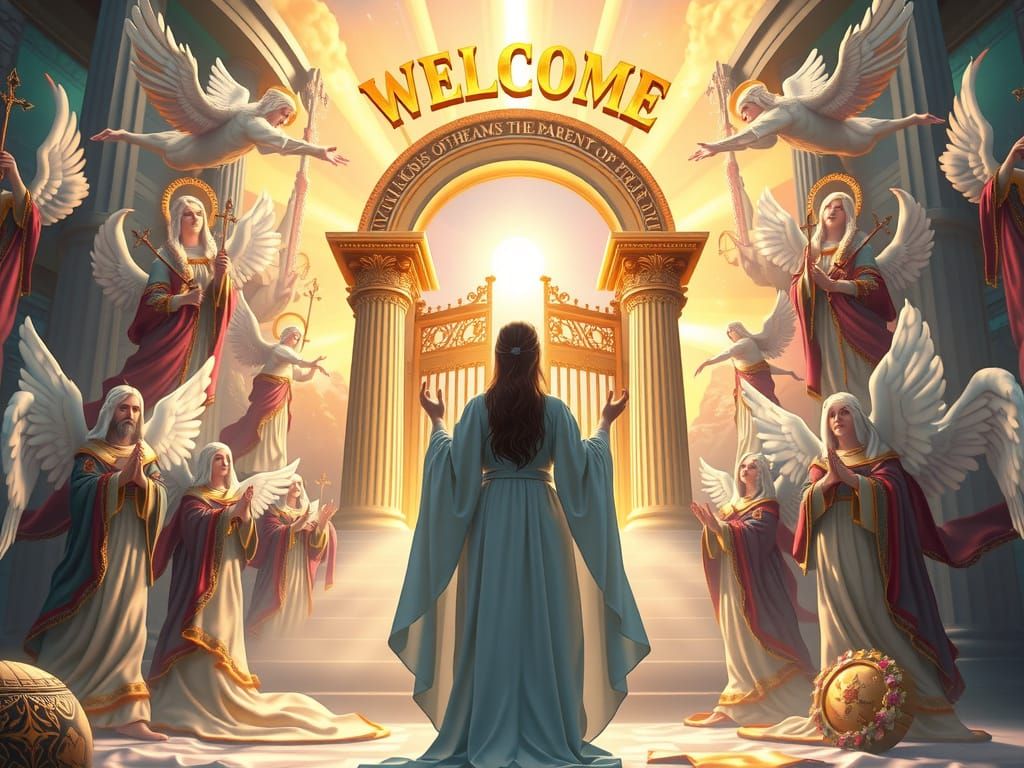 Pearly Gates of Heaven with Angels and Saints