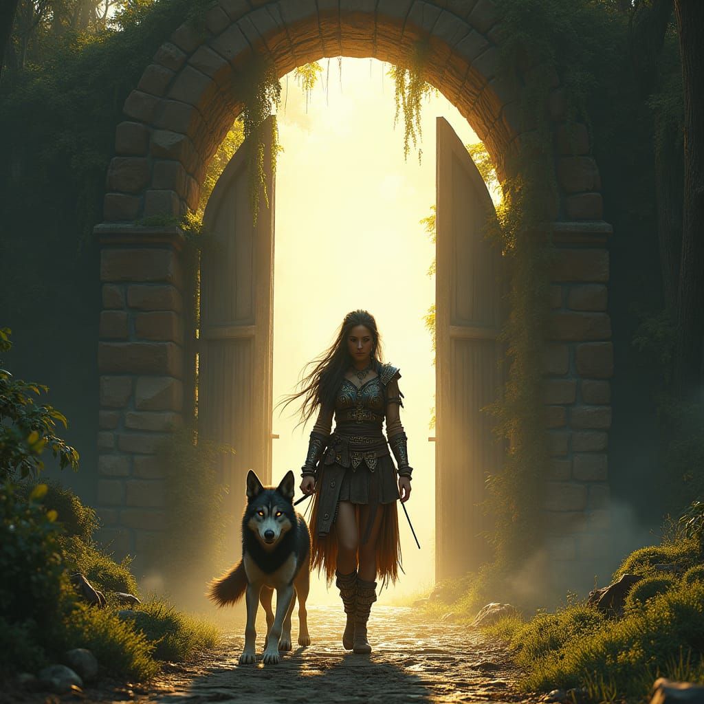 Warrior and Wolf Walk Through Mystical Gate