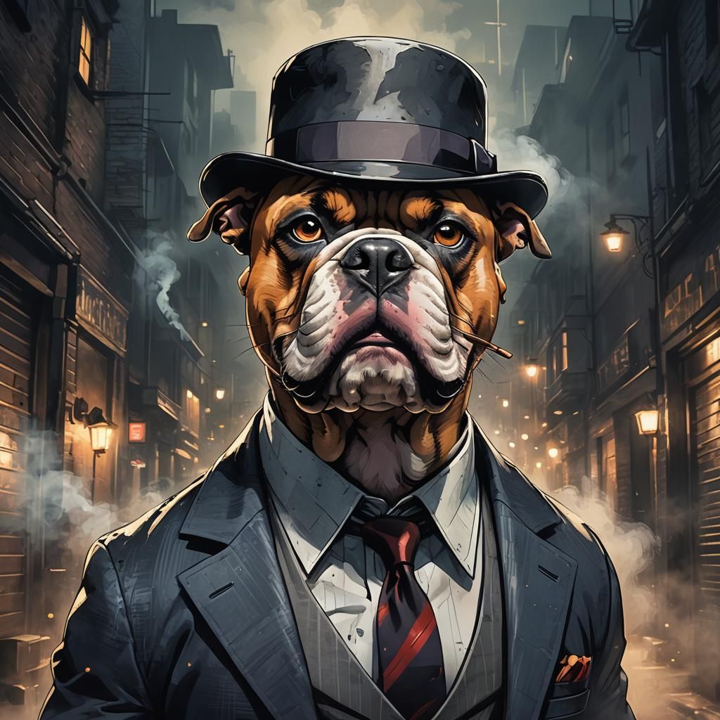 Anime Bulldog Arms Dealer in Dark Alley