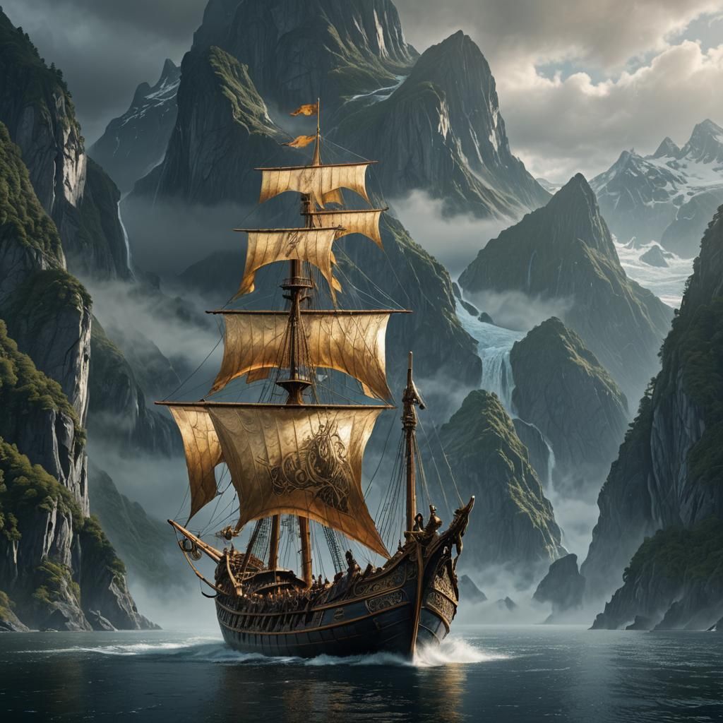 Norse Longboat in Misty Fjords: Digital Matte Painting