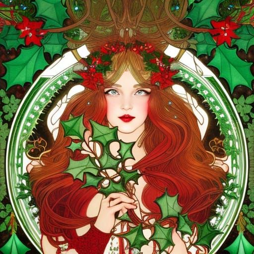 Elegant Christmas Goddess with Holly and Ribbons