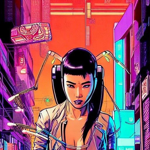 Cyborg Woman in Neon Cyberpunk Jungle