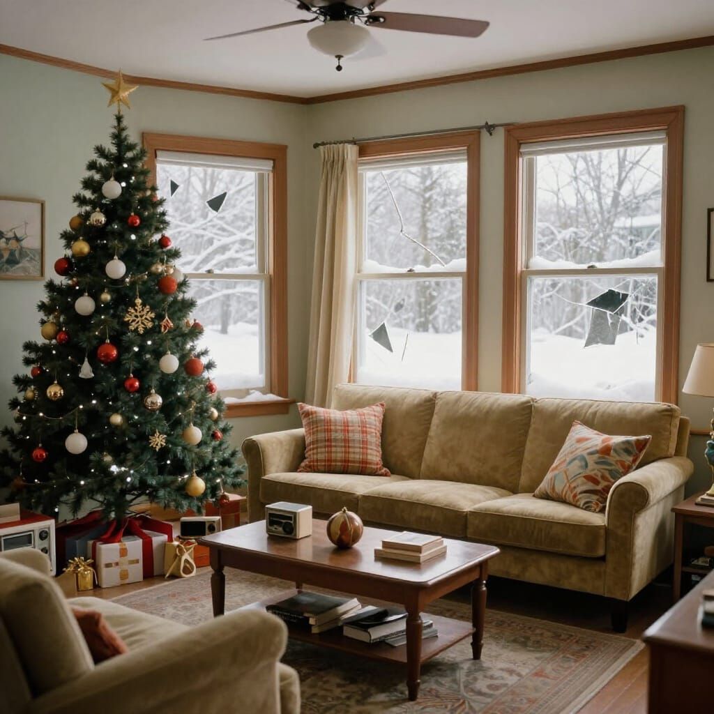 Retro 1980s Christmas Living Room With Snow Indoors