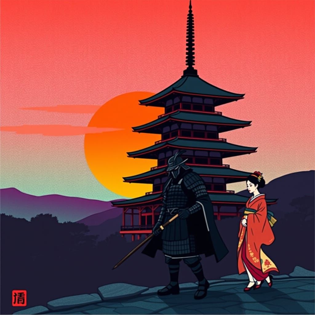Pagoda Sunset Scene with Samurai and Geisha in Ukiyo-e Style