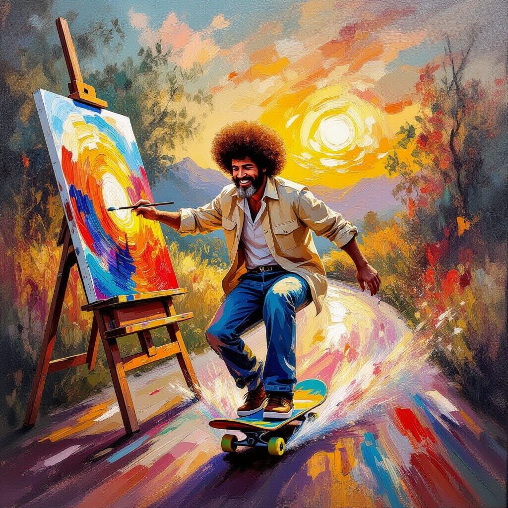 Bob Ross Skateboarding Through a Vibrant Masterpiece