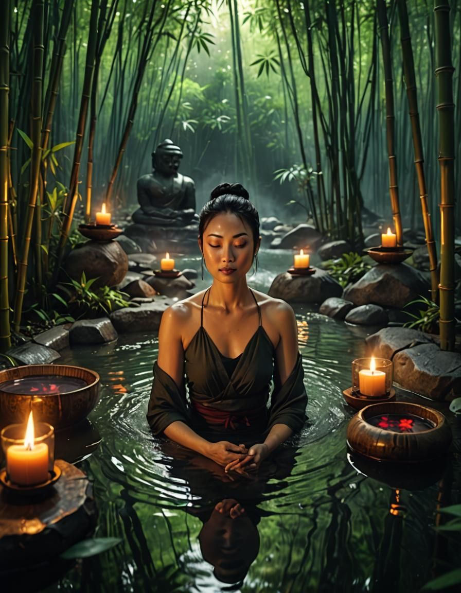 Mystical Oriental Hot Bath in Bamboo Forest