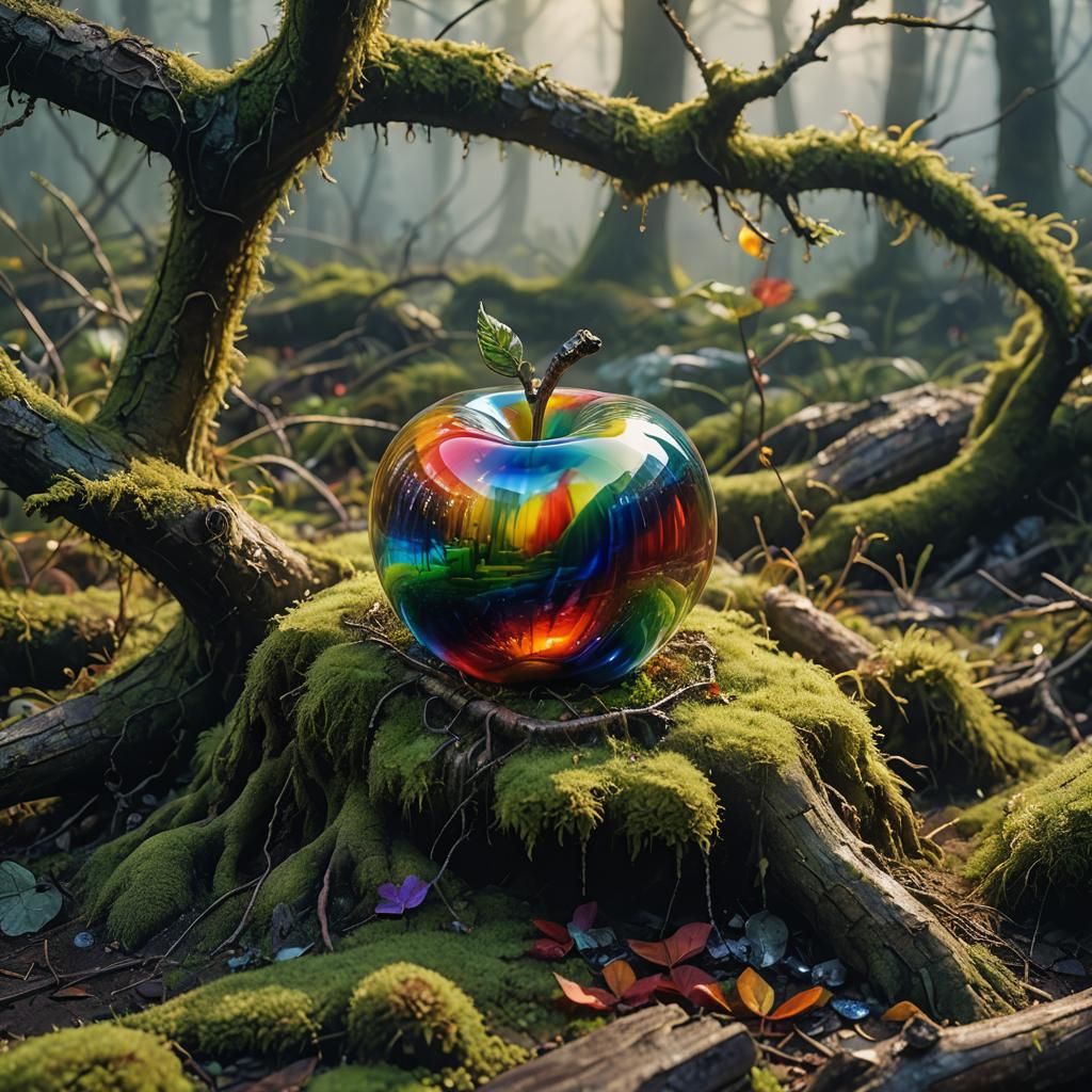 Rainbow Glass Apple on Mossy Stump: Fantasy Concept Art