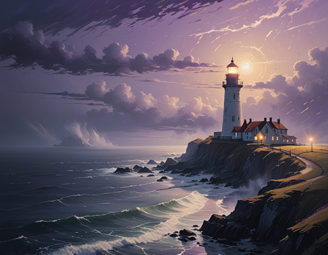 Misty Lighthouse Over Still Ocean: Atmospheric Digital Paint...
