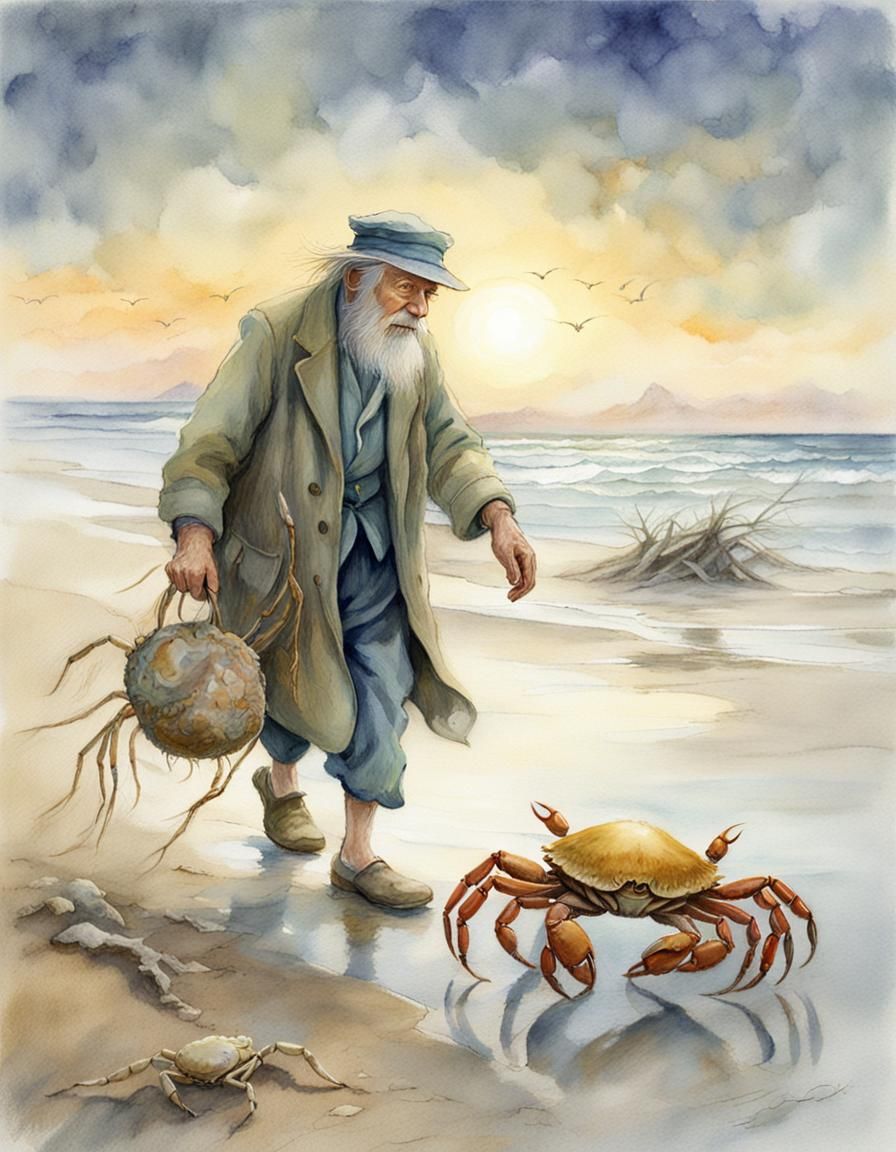 Whimsical Tinker and Crab Illustration in Pastel Colors