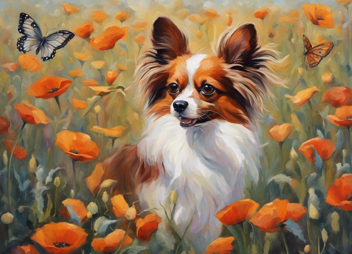 Papillon Dog and Butterflies in Impressionistic Poppies
