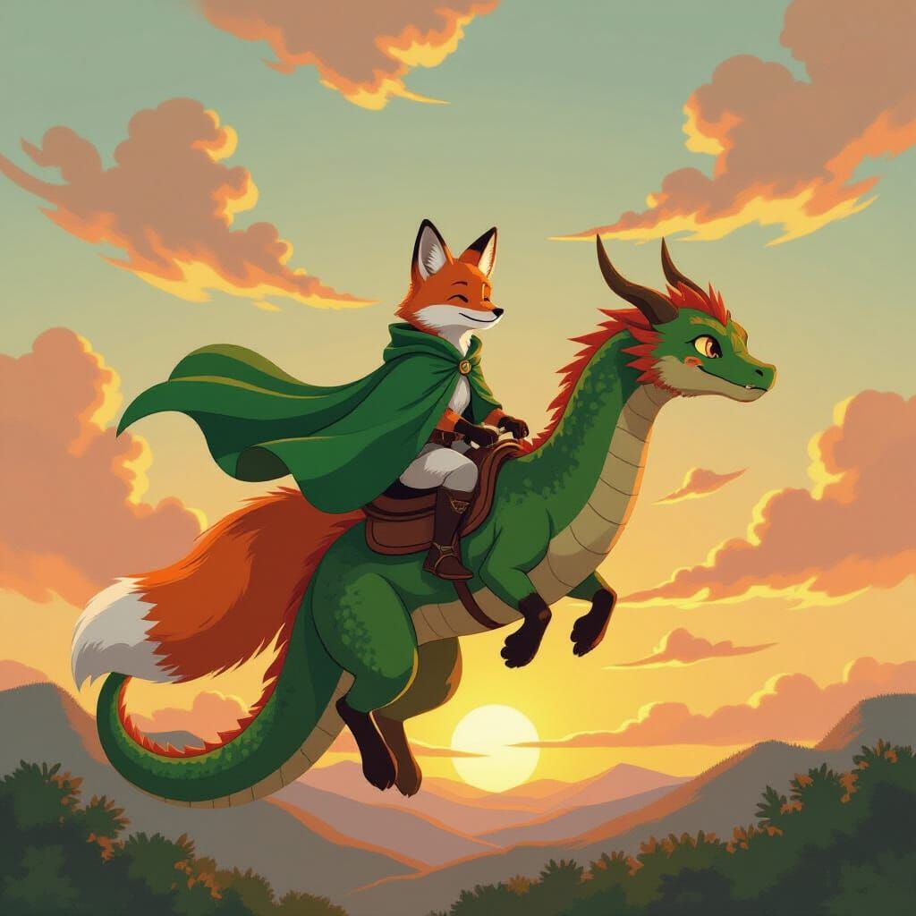 Fox and Dragon Ride in Ghibli Style