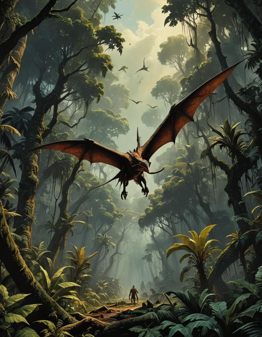 Pterodactyl Soars Over Jungle in Dark Fantasy Art