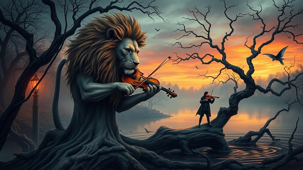 Gothic Lion in Apocalyptic Bayou: Gouache Painting