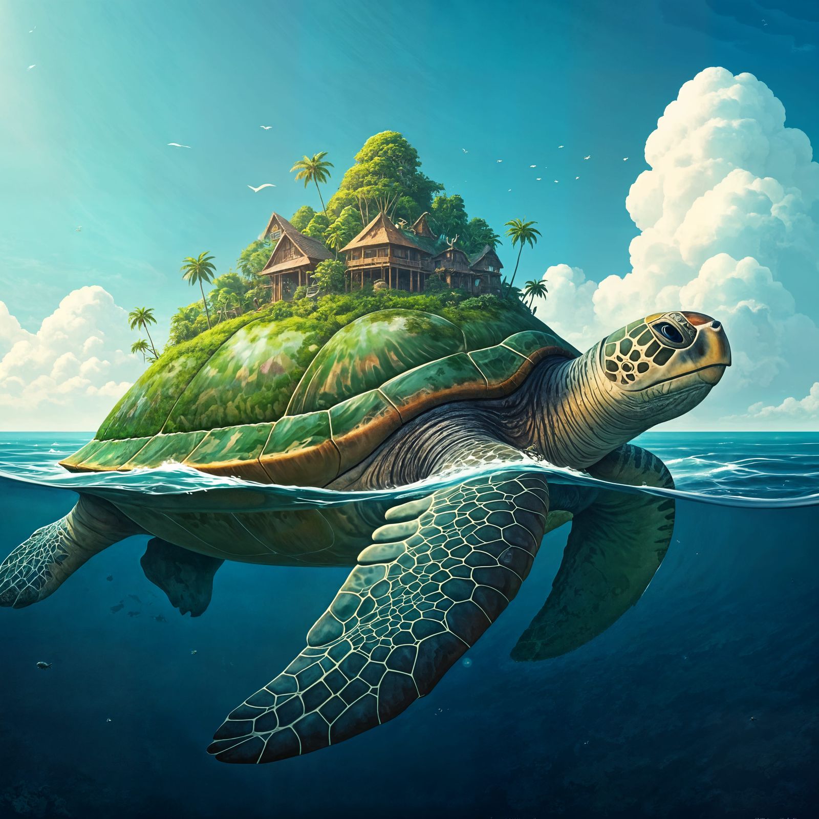 Majestic Turtle Swims with Tropical Island Kingdom