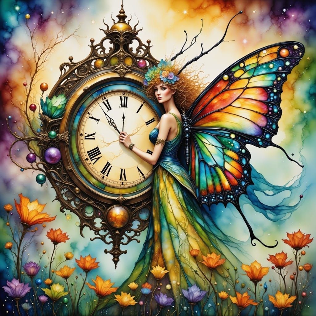 Butterfly Before Clock in Watercolor Ink Style