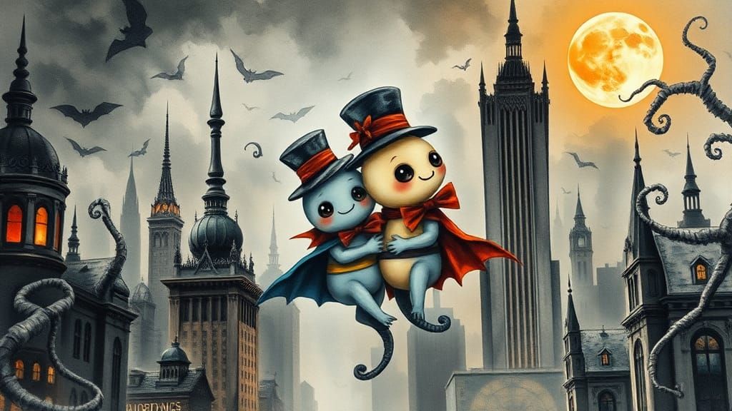 Halloween Chibi Monsters Cuddle in Dystopian Cityscape