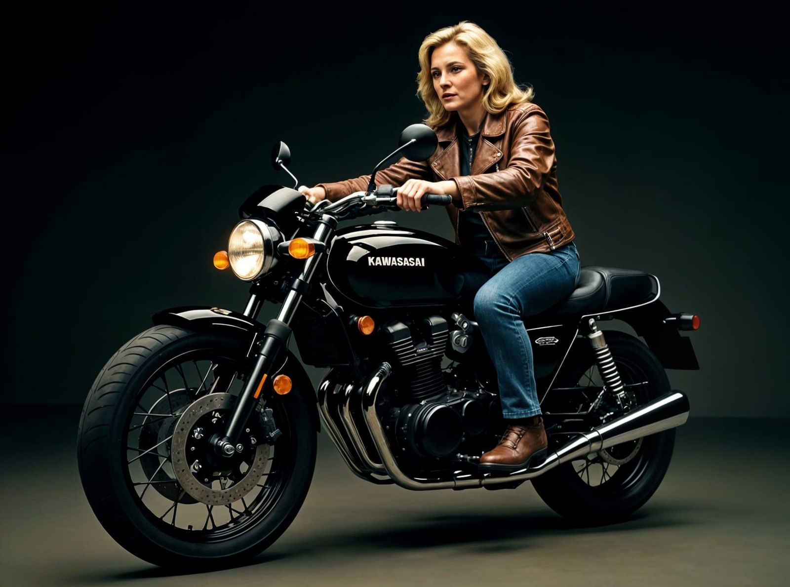 Woman Rides Vintage Kawasaki Motorcycle in Leather Jacket
