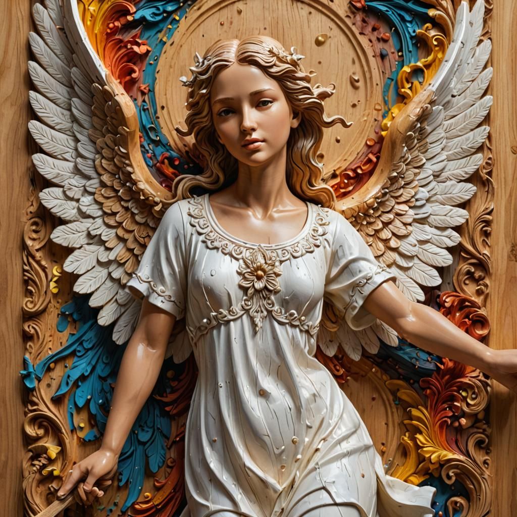 Detailed Wood Carving of an Angel in Splash Art
