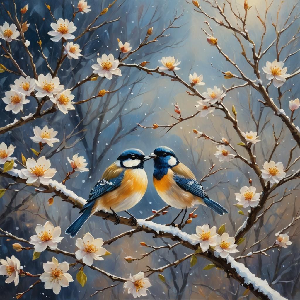 Blossom Tree Bird in Impressionist Oil Painting