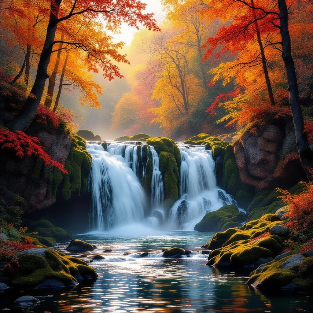 Majestic Autumn Waterfall in Golden Hour Light