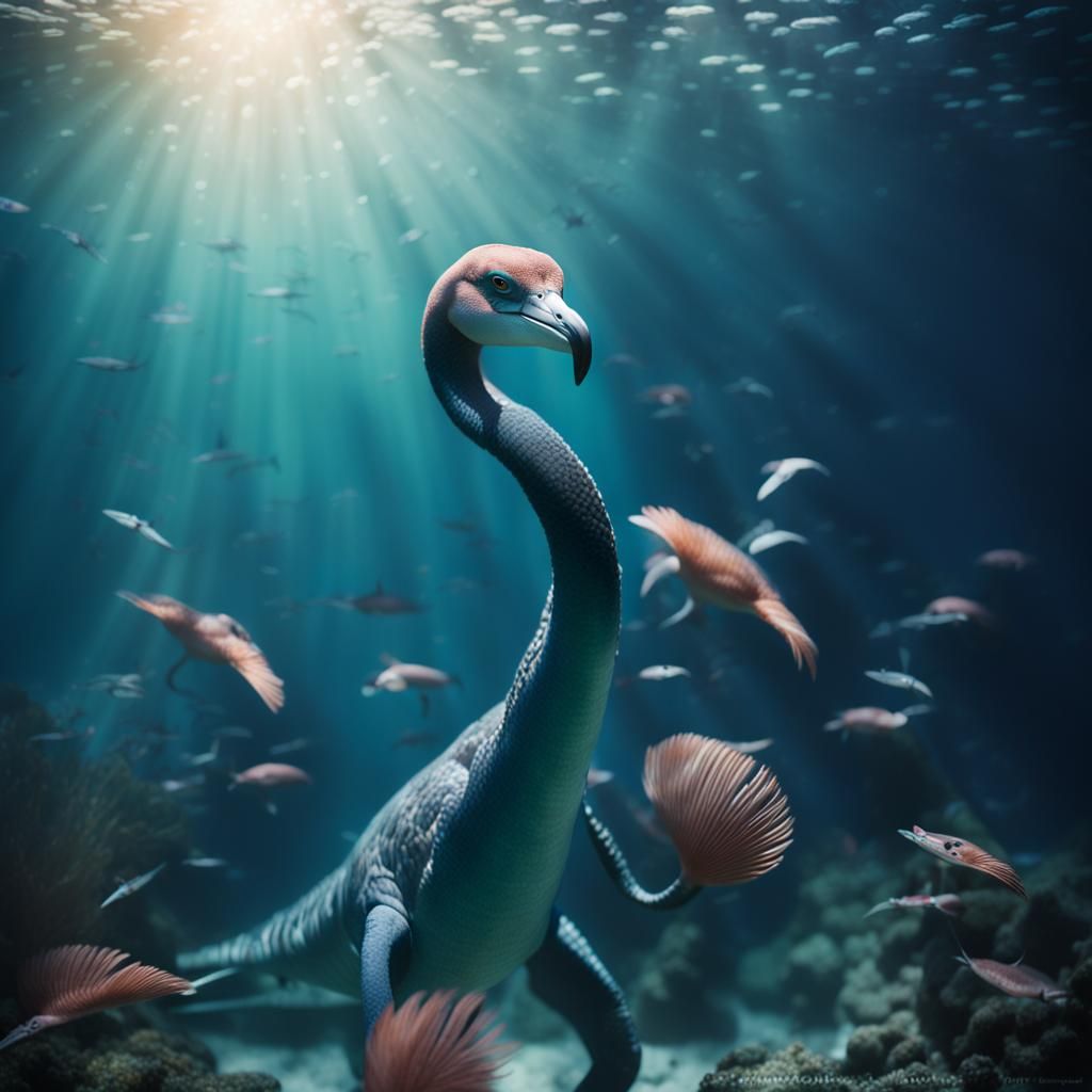 Flamingo-Plesiosaur Hybrid Underwater: Professional Photogra...