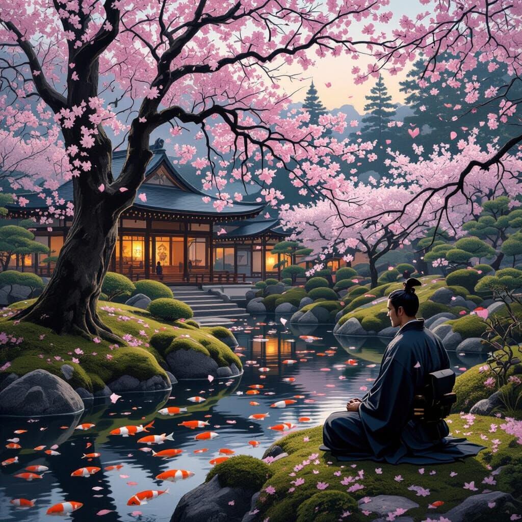 Kyoto Temple Garden with Meditating Samurai, Art Nouveau