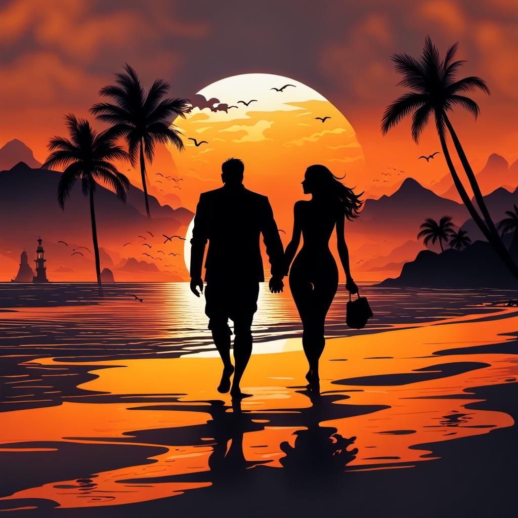 Romantic Beach Walk at Sunset in Silhouette
