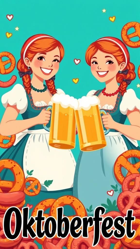 Digital print of an Oktoberfest poster with pretzel mugs of ...