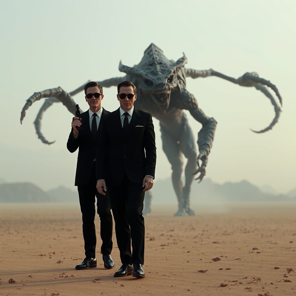 Men in Black Face Cosmic Horror in Desert Landscape