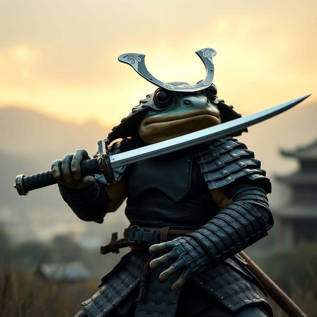 Samurai Frog in Misty Landscape, Cinematic Film Still