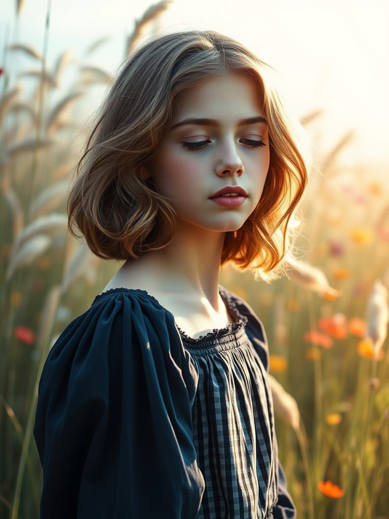 Ethereal Woman in Dark Blue Gingham Dress in Whimsical Field