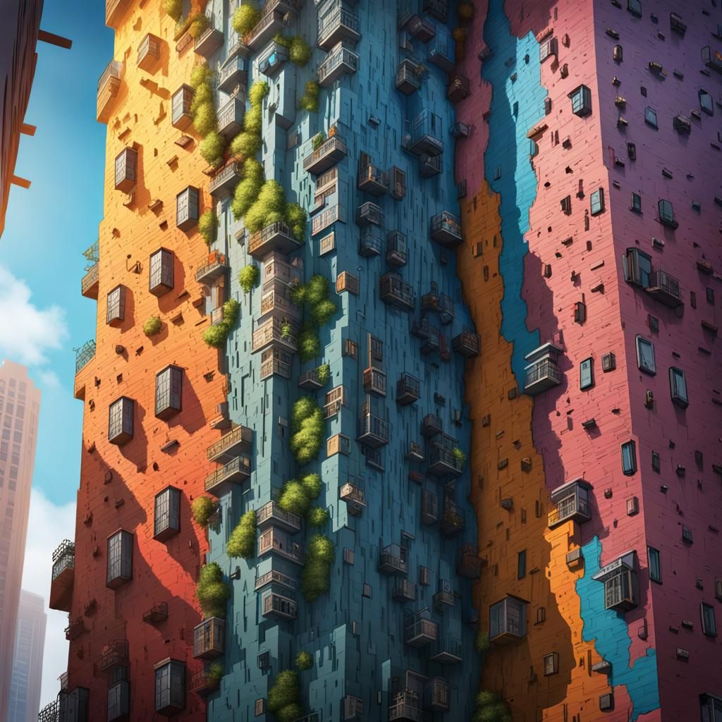 Hyperrealistic Vertical City on a Massive Wall
