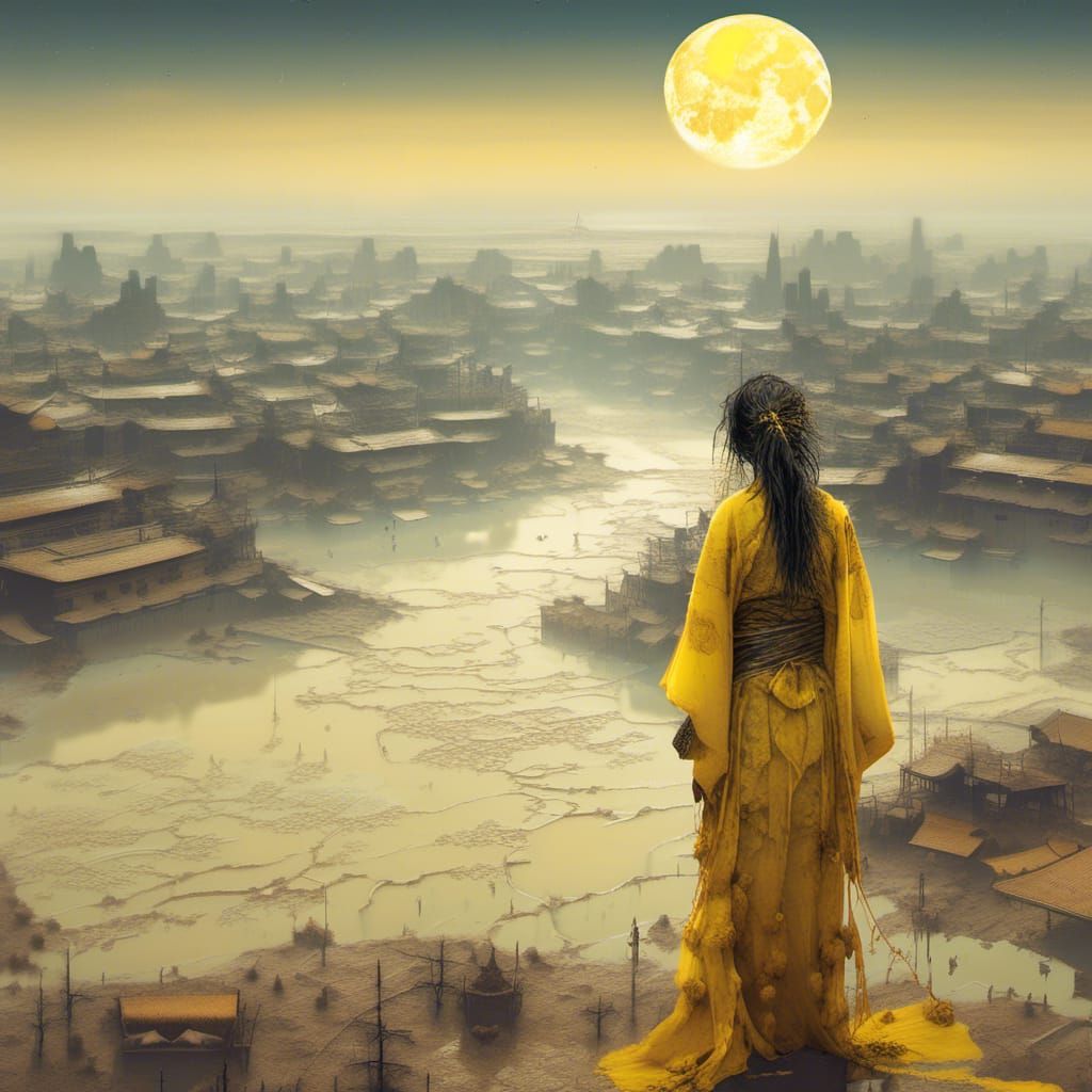 Dystopian Japanese Woman in Desert Oasis