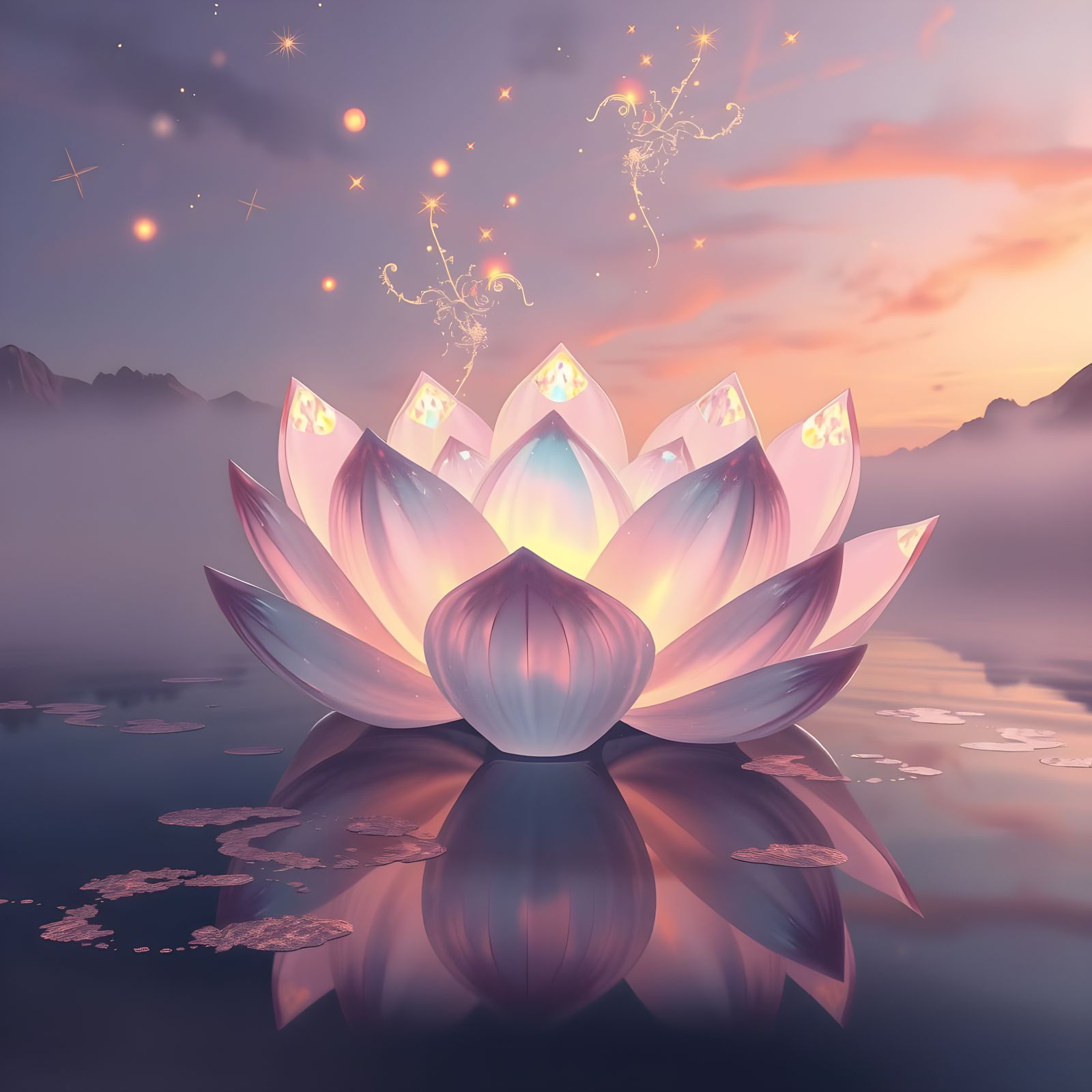 Glowing Crystal Lotus on Reflective Lake